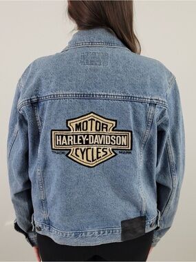 Sz L Harley-Davidson Vintage Denim Jacket w/ Back Shield Patch & Brass Pin